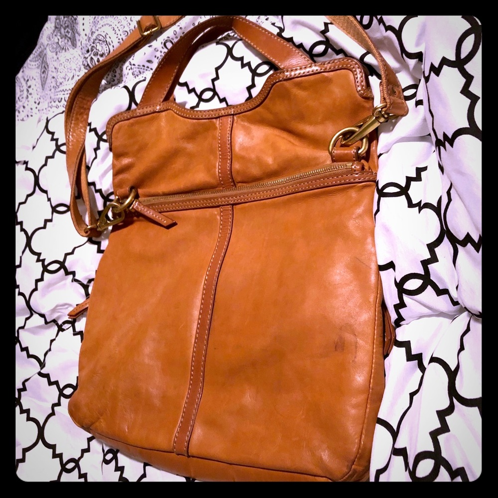 FOSSIL Erin Cognac Brown Leather Foldover Tote